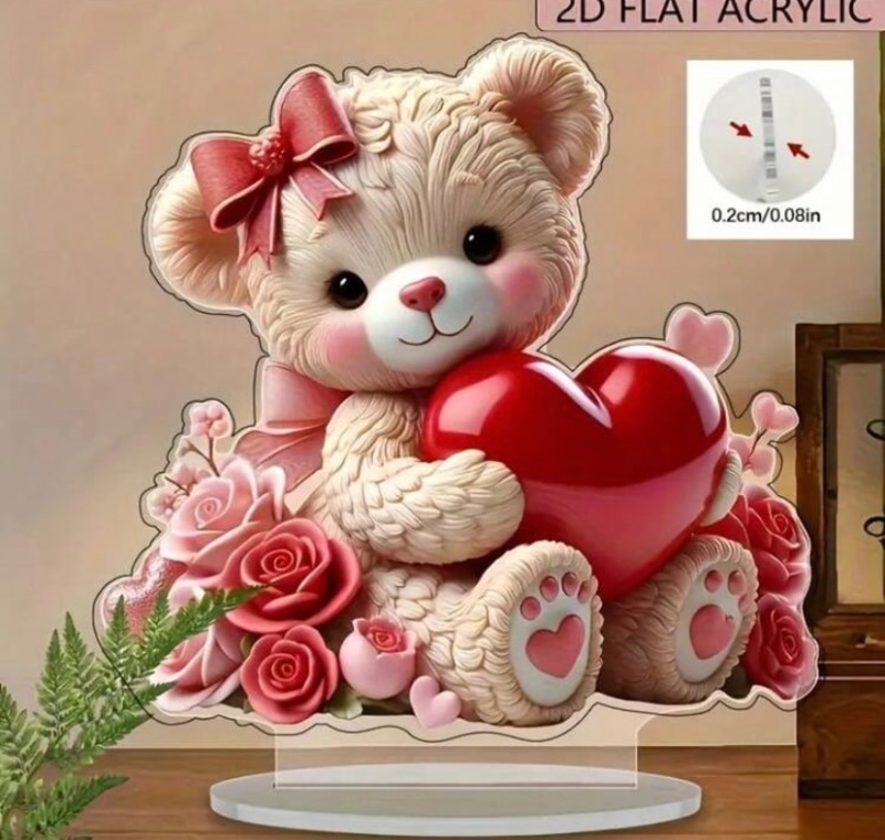 2D Flat Acrylic Tabletop Display Plaque Bear hugging heart