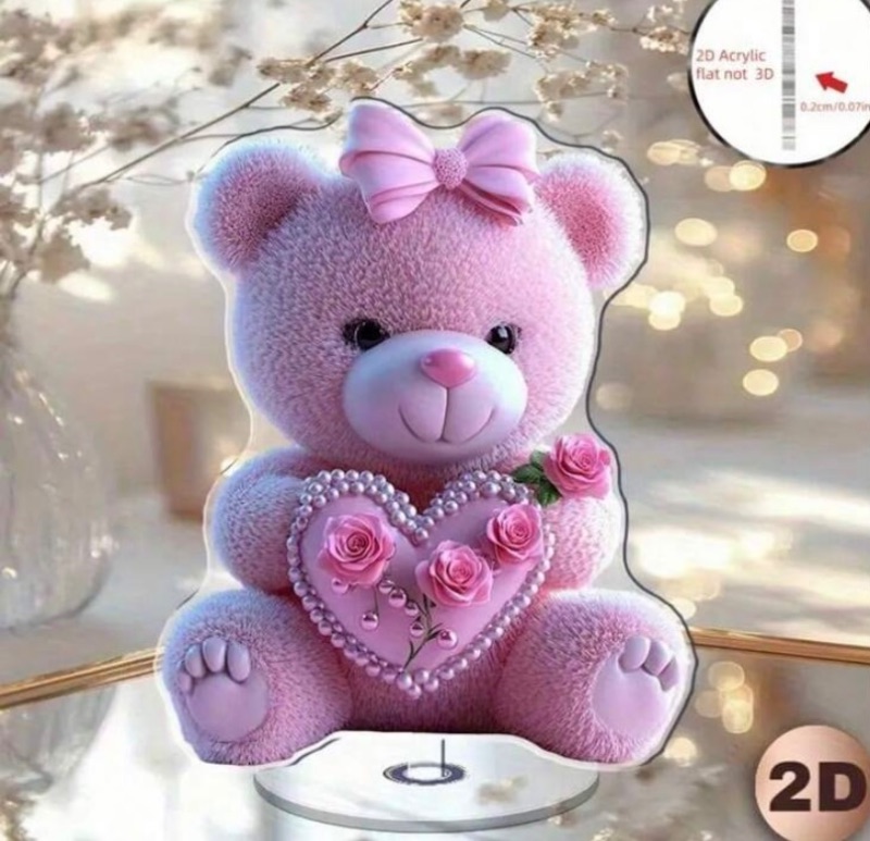 2D Flat Acrylic Tabletop Display Plaque Pink Teddy Bear