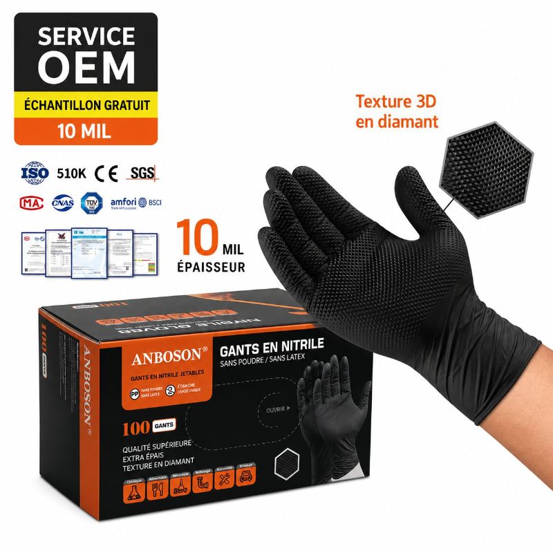 Gants en Nitrile noir Robuste et epais 10MIL