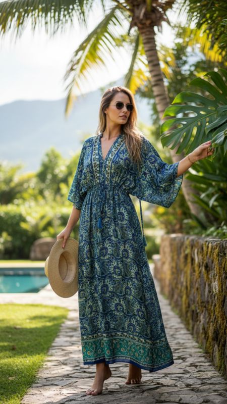 Vestido Seda Mangas 3/4 Anchas con Cuello y Espalda V J701