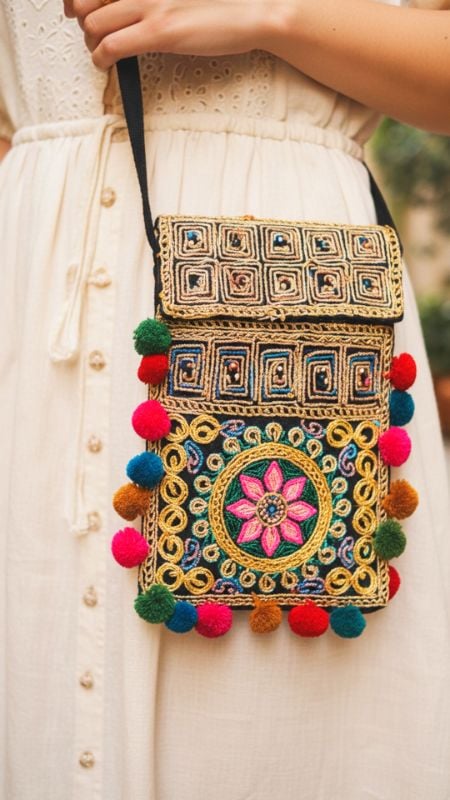 Bandolera Bordada en Dorado con Pompones