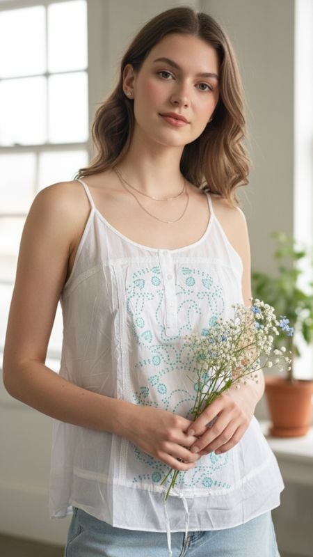 Musculosa Algodon Blanca Bordadaen Turquesa