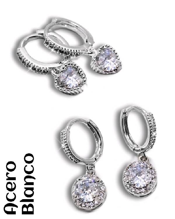 Argollas Acero Blanco con Cubic Anchos/Dije