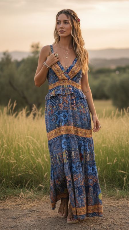 Vestido Seda Largo con Breteles espalda fruncida