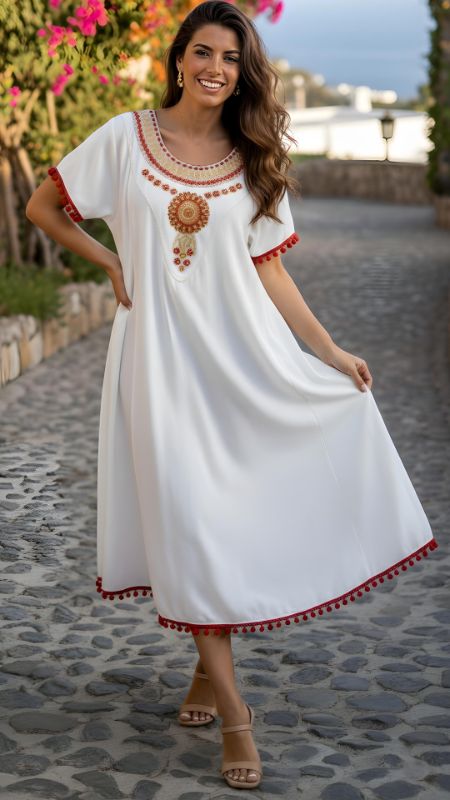 Vestido Hindu Blanco Bordado con PonPon Rojos
