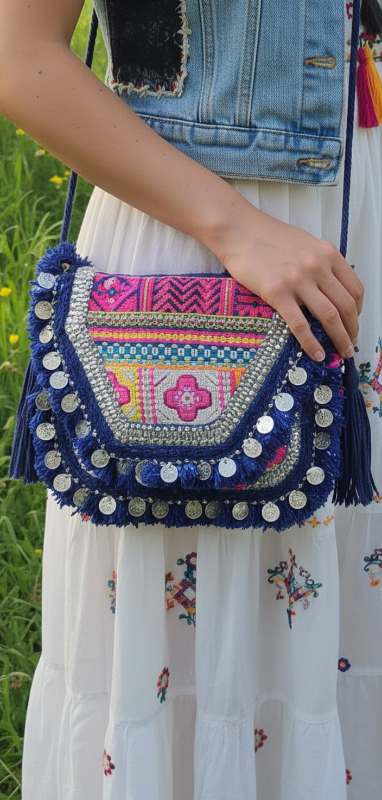 Cartera Hindu Bordada Flecos y Monedas