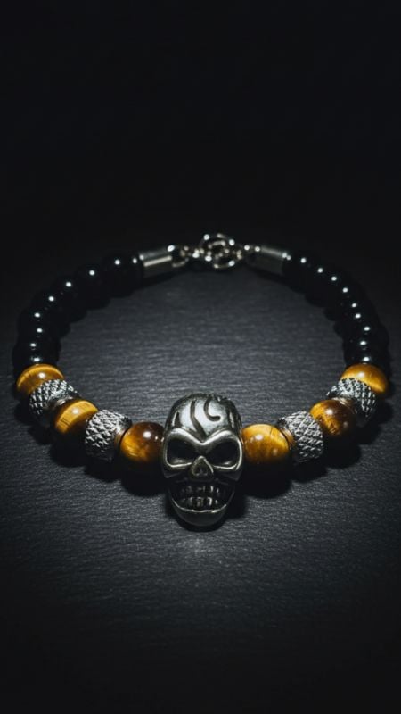 Pulsera Piedra Natural con Calavera de Acero Quirurgico