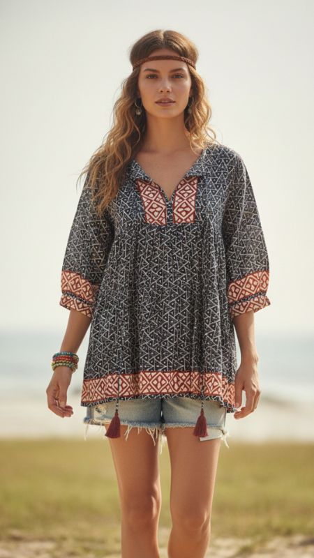 Blusa de Algodon con Lazo en Escote