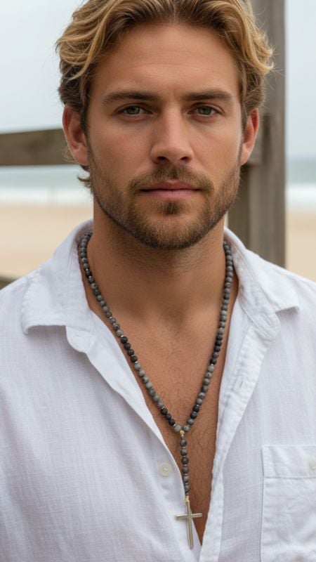 Collar Piedra Natural con Cruz de Acero Quirurgico