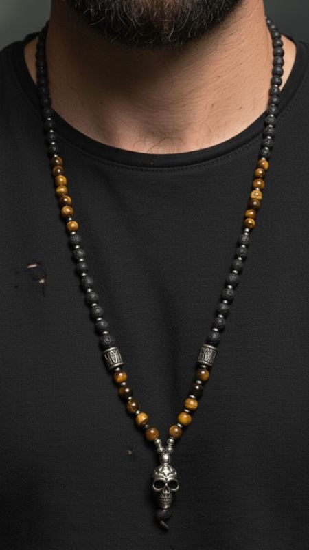 Collar Piedra Natural con Calavera de Acero Quirurgico