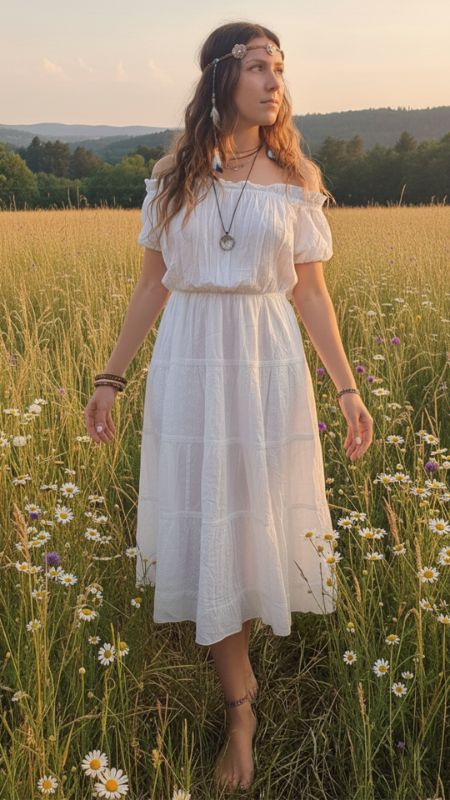 Vestido Blanco Largo Campesina Bordado
