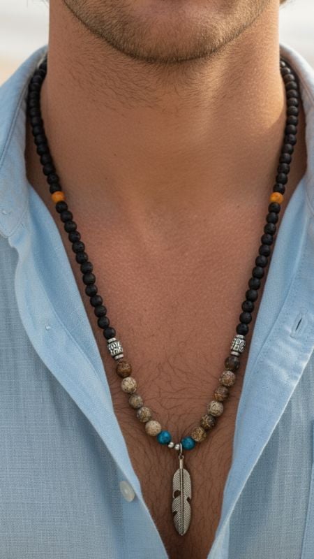 Collar Piedra Natural con Pluma de Acero Quirurgico