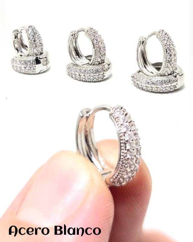 Argollas Acero Blanco con Cubic Anchos/Dije