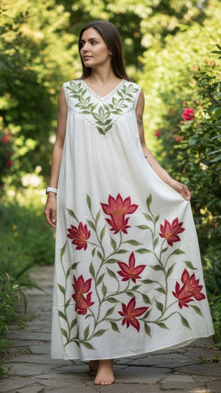 Vestido Batic flores y bordado sin manga