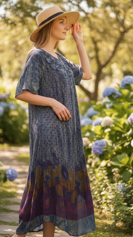 Vestido Batic franja color teñido y bordado