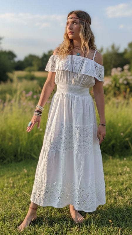 Vestido Blanco Largo Breteles con Volado Bordado