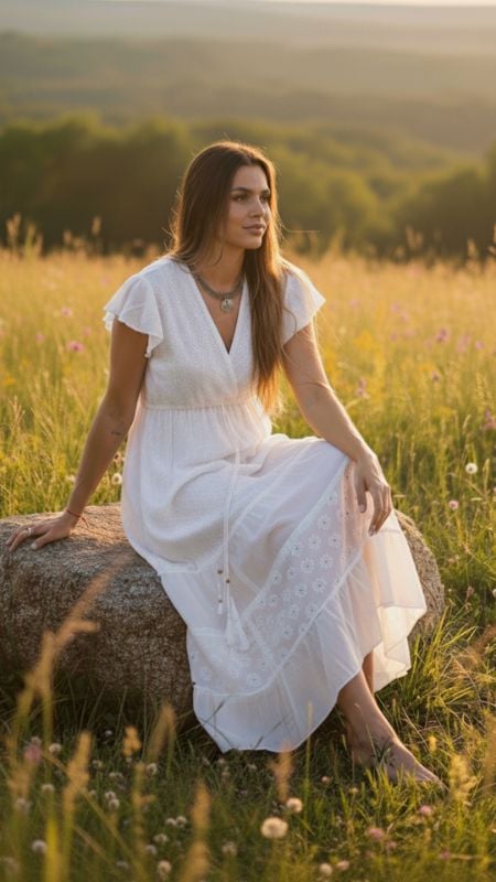 Vestido Blanco Largo  Manga Cortas Bordado 510