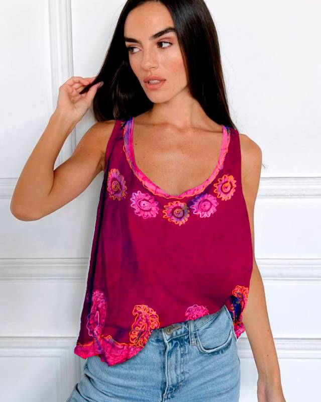 Musculosa Lisa Batic Y Bordado Color