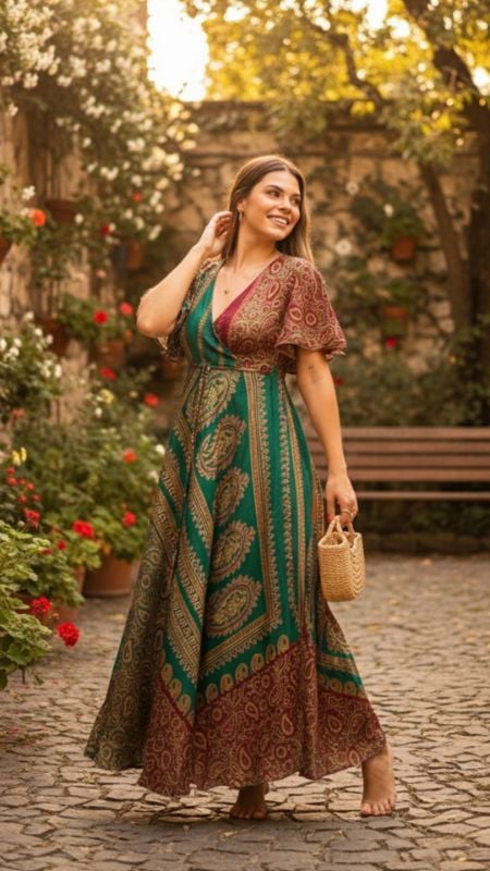 Vestido Seda Largo Manga Corta Senido 706