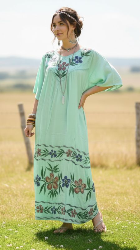 Vestdido Batic flores y bordado con manga