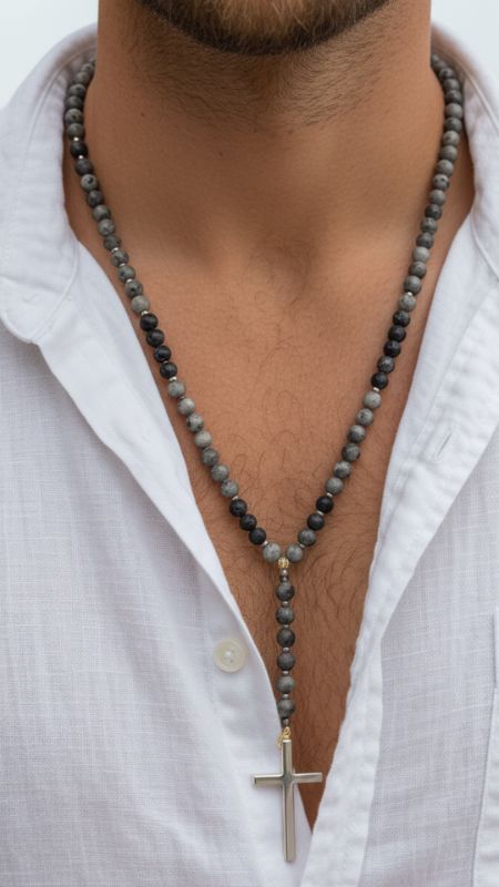 Collar Piedra Natural con Cruz de Acero Quirurgico