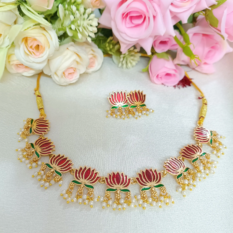 Maroon With Green Lotus With Pearl Drop Necklace Set