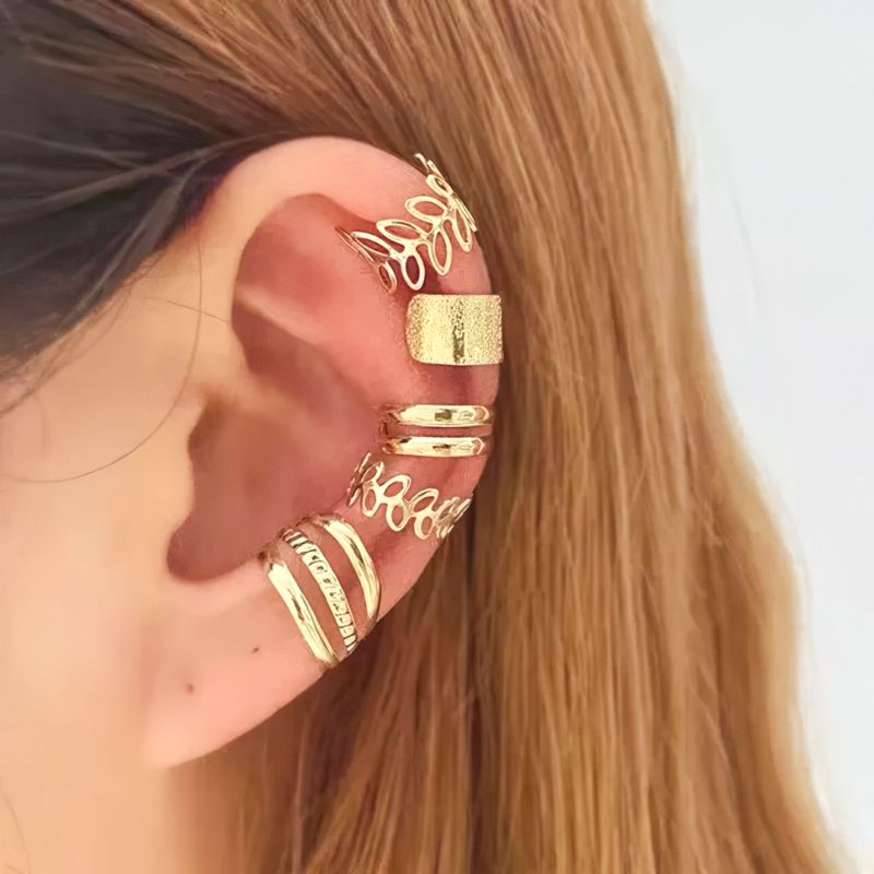 Korean 5 Piece No Hole Cuff Earrings Set Gold