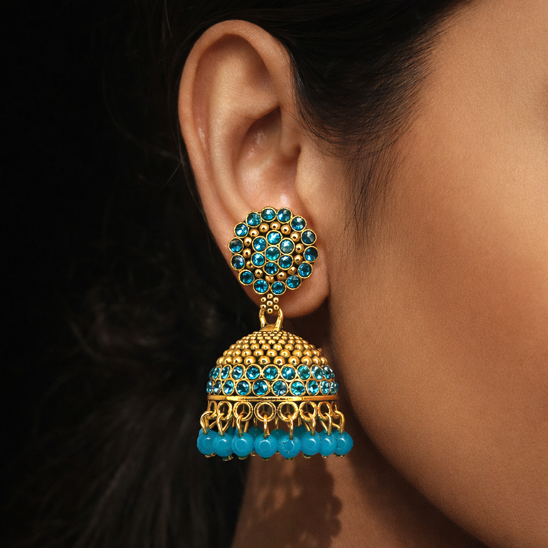 Picton Blue Aura Gold Jhumka