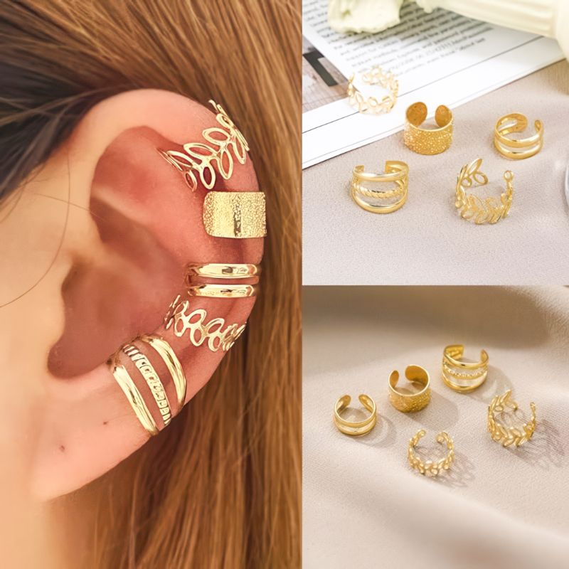 Korean 5 Piece No Hole Cuff Earrings Set Gold