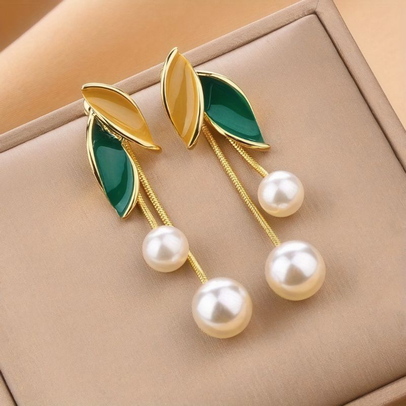 Korean Elegant Tassel Earrings with Pearl and Green Leaf Accents