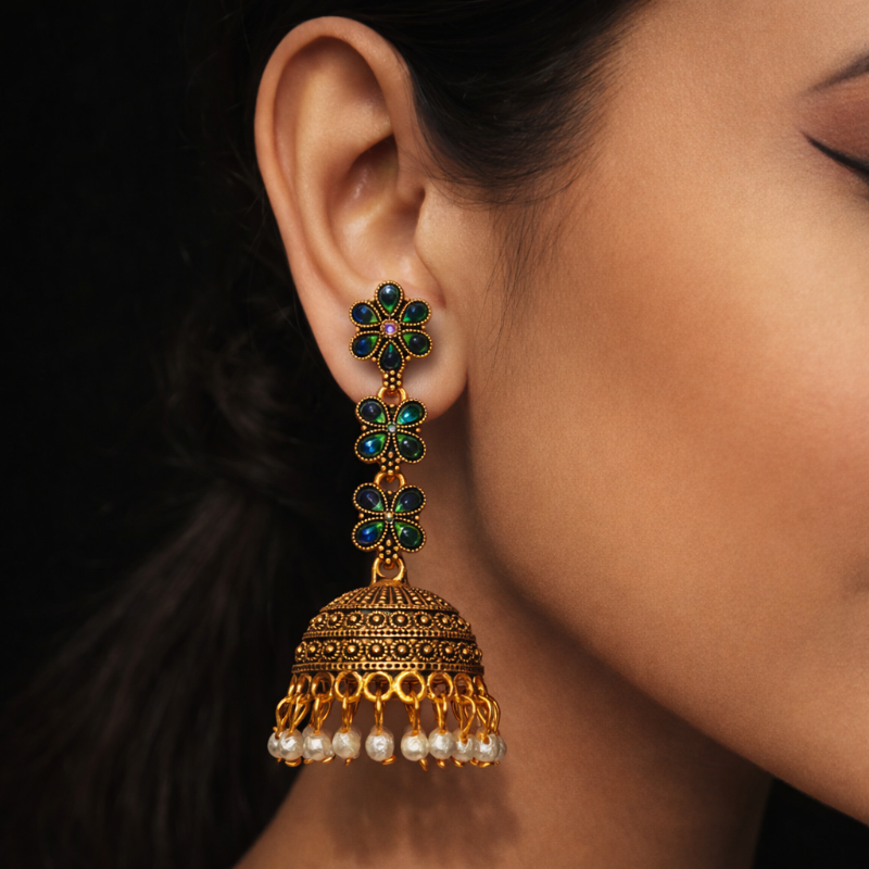Mayura Green Floral Jhumka