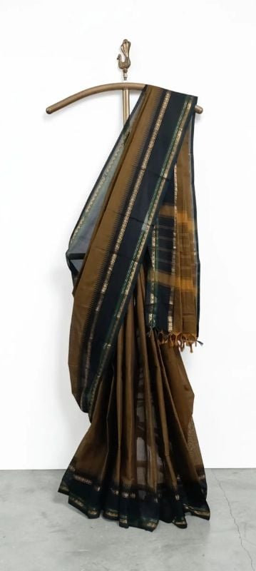 Olive Brown Kanchipuram Cotton Saree | Handwoven Temple Border Saree