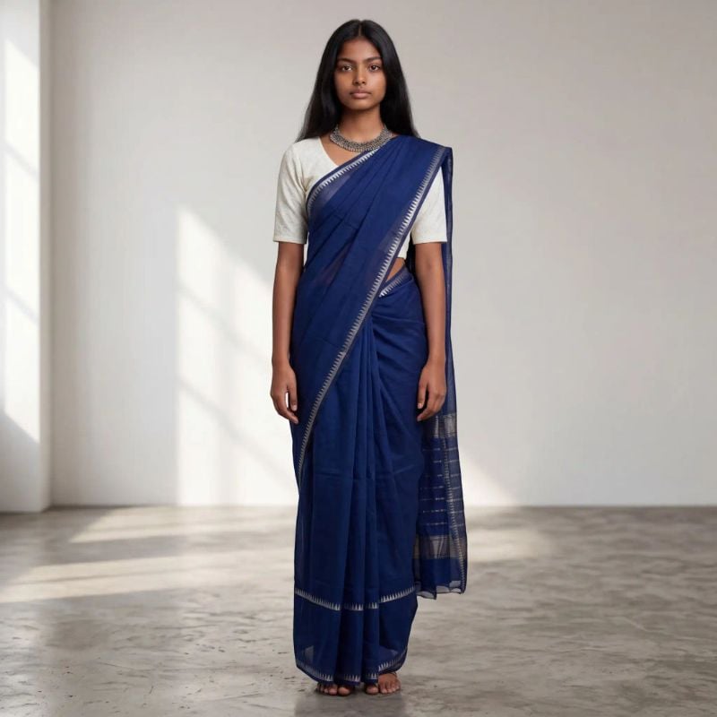 Handwoven Mangalgiri Silk-Cotton Saree in Navy with Temple Border