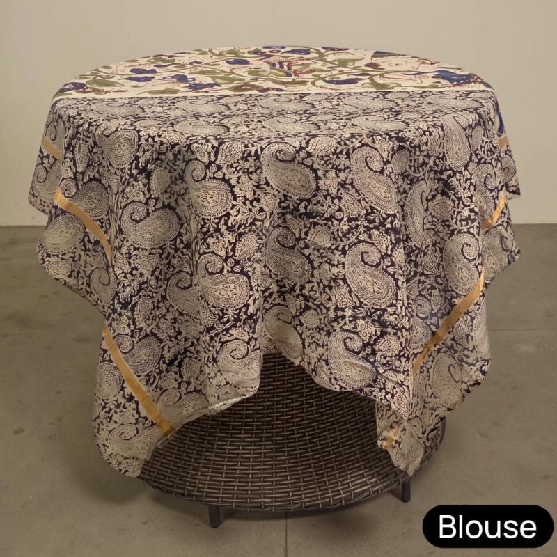 Pedana Kalamkari Semi Pattu Saree in Cream with Block-Printed Blouse