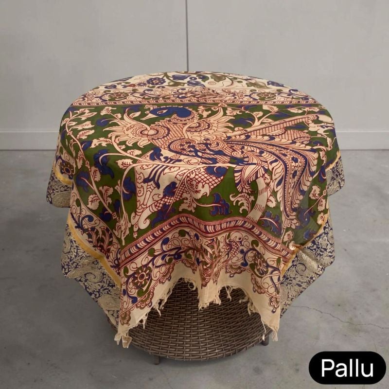 Pedana Kalamkari Semi Pattu Saree in Cream with Block-Printed Blouse