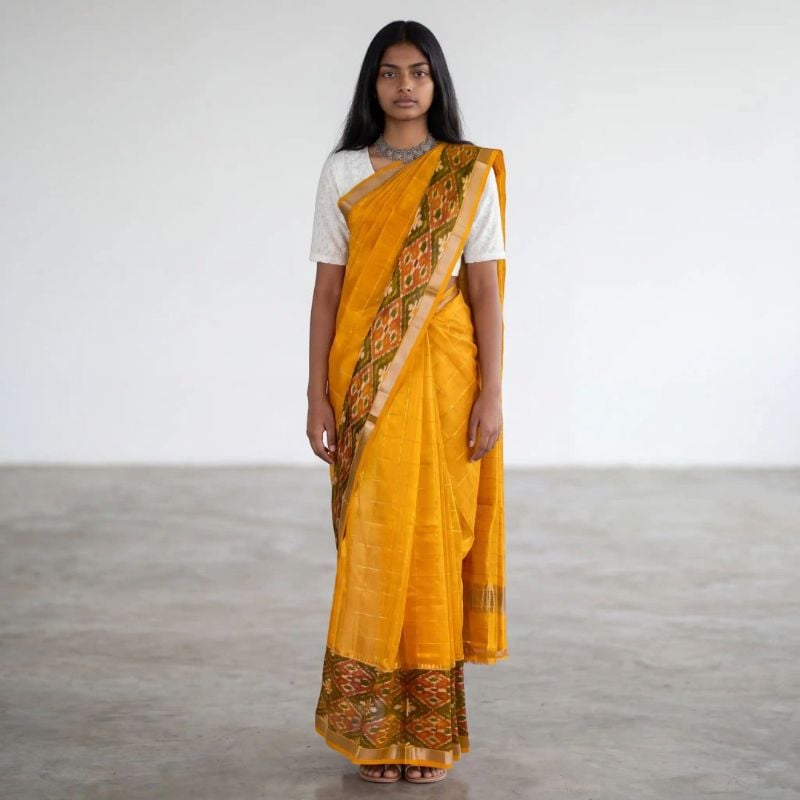 Pedana Kalamkari Saree in Mustard Yellow | Hand Block Print with Blouse