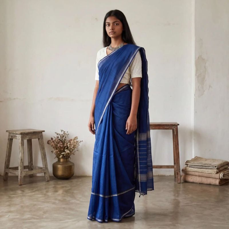 Handwoven Mangalgiri Silk-Cotton Saree in Navy with Temple Border