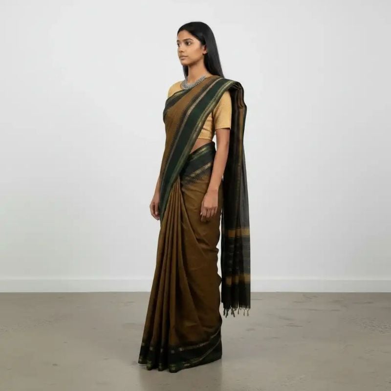 Olive Brown Kanchipuram Cotton Saree | Handwoven Temple Border Saree