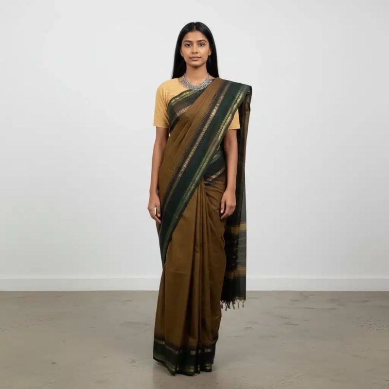 Olive Brown Kanchipuram Cotton Saree | Handwoven Temple Border Saree