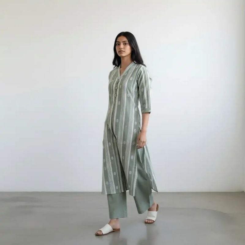 Handloom Cotton Co-Ord Set — A-line Kali Top with Mirror Work & Palazzo