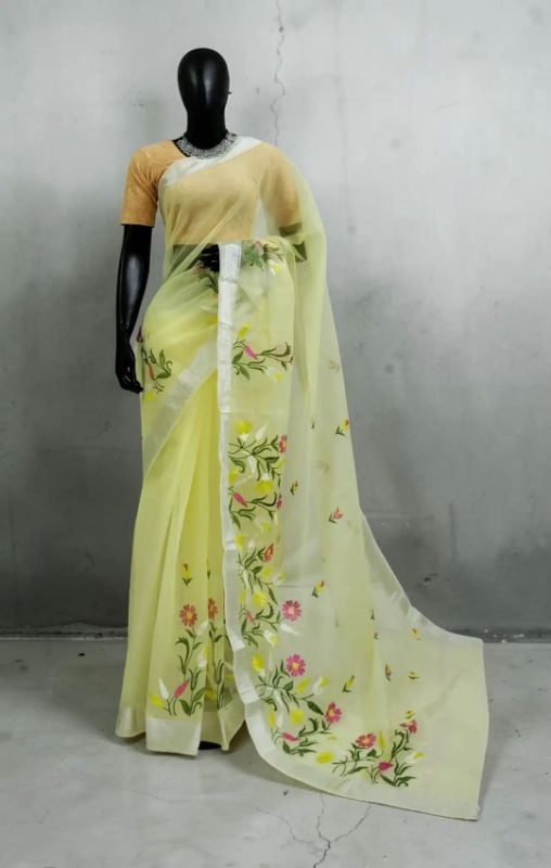 ✶ Handwoven in Kota, Rajasthan Pastel Yellow Kota Doria Saree with Block-Printed Florals and Zari Border Sold by Amit · GrocoHub