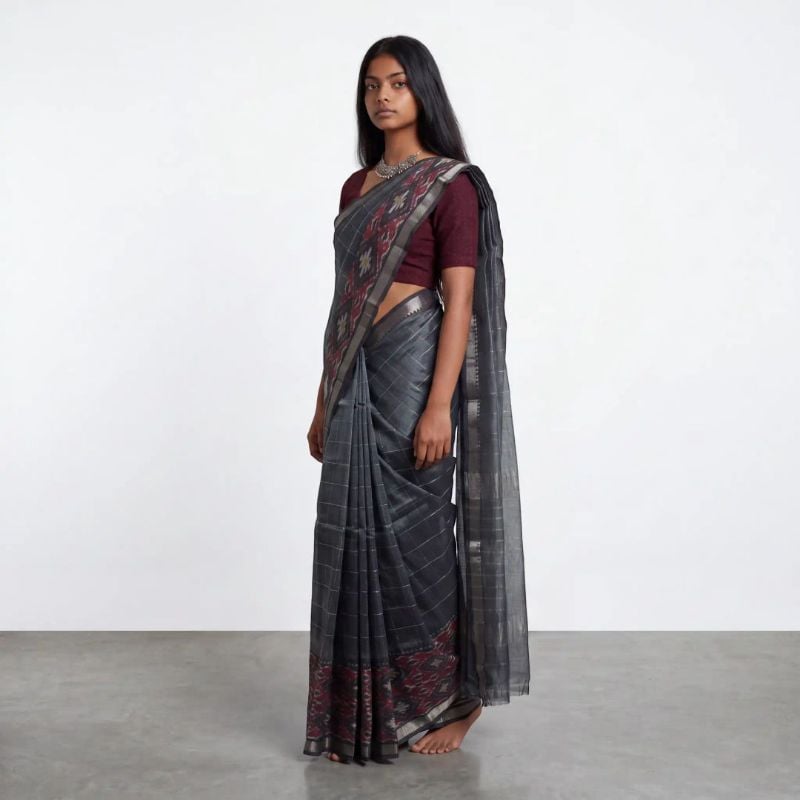 Charcoal Grey Mangalgiri Ikat Silk Saree, Temple Border,✶ Handwoven in Mangalgiri, Andhra Pradesh