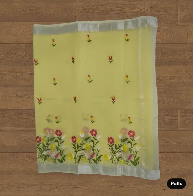 ✶ Handwoven in Kota, Rajasthan Pastel Yellow Kota Doria Saree with Block-Printed Florals and Zari Border Sold by Amit · GrocoHub