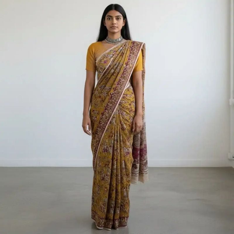 ✶ Screen-printed in Pedana, Andhra Pradesh Mustard Mulmul Cotton Kalamkari Saree with Magenta Pallu, Pedana Sold by Amit · GrocoHub  Sale Price ₹945.00 Regular Price ₹1,050.00 10% off
