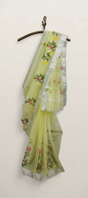 ✶ Handwoven in Kota, Rajasthan Pastel Yellow Kota Doria Saree with Block-Printed Florals and Zari Border Sold by Amit · GrocoHub