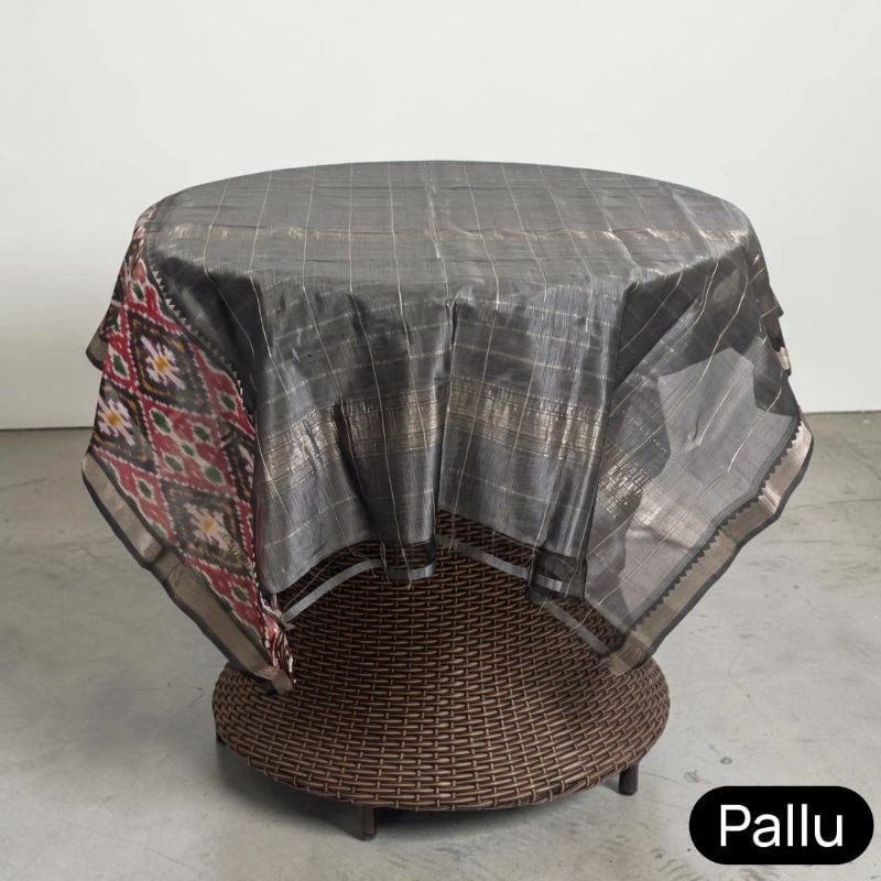 Charcoal Grey Mangalgiri Ikat Silk Saree, Temple Border,✶ Handwoven in Mangalgiri, Andhra Pradesh