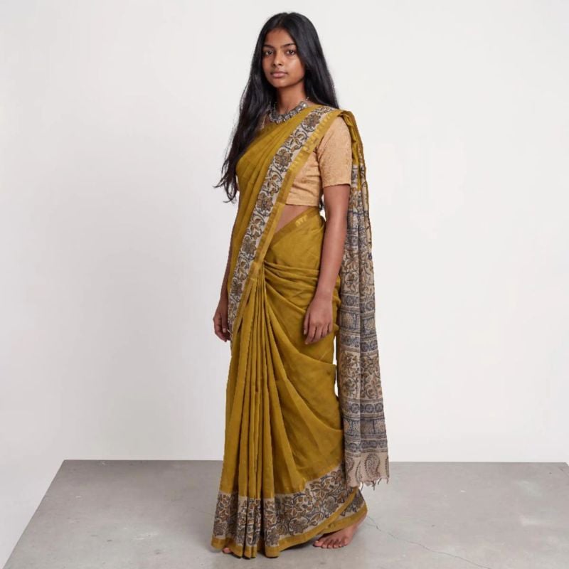 Mangalagiri Handloom Saree in Mustard | Tie-Dye Nizam Border