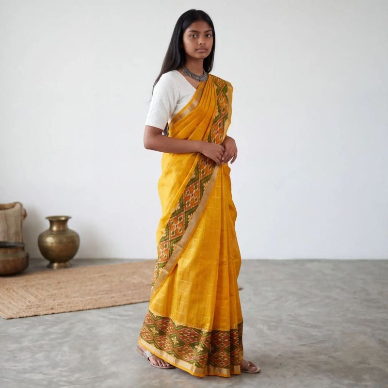 Pedana Kalamkari Saree in Mustard Yellow | Hand Block Print with Blouse