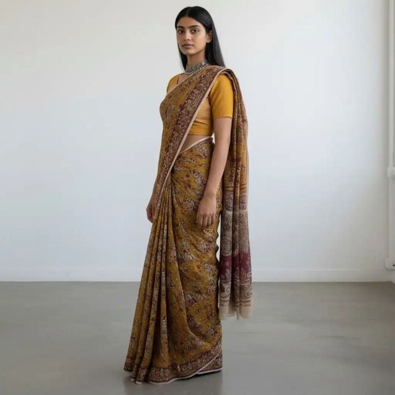 ✶ Screen-printed in Pedana, Andhra Pradesh Mustard Mulmul Cotton Kalamkari Saree with Magenta Pallu, Pedana Sold by Amit · GrocoHub  Sale Price ₹945.00 Regular Price ₹1,050.00 10% off