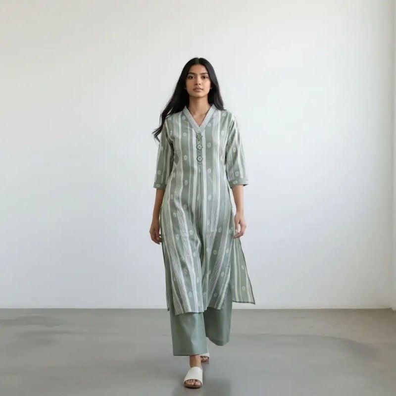 Handloom Cotton Co-Ord Set — A-line Kali Top with Mirror Work & Palazzo